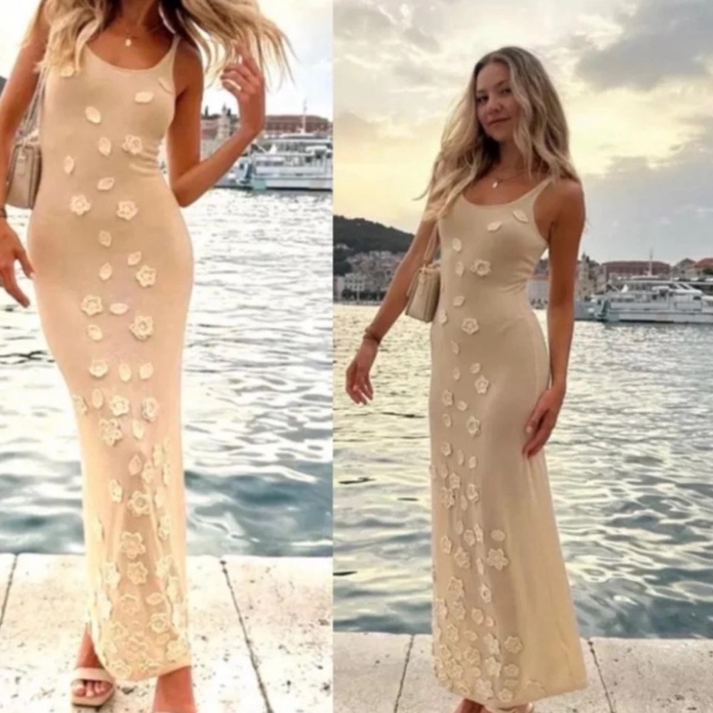 Caroline Constas $398 gold/tan floral appliqué dress medium MAXI - Picture 4 of 9